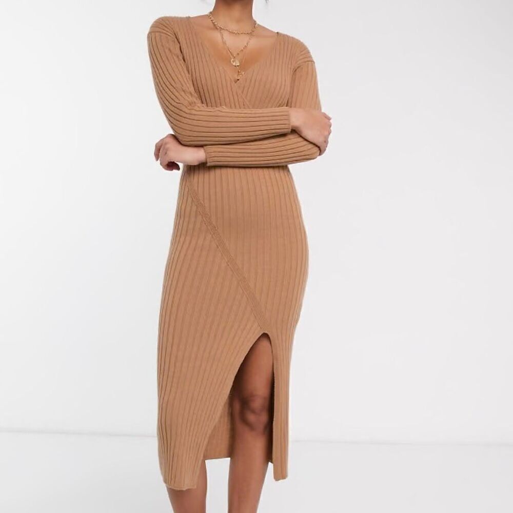 ASOS Design Knit Rib Midi Dress Faux Wrap Long Sleeve Stretchy Women US 4 Tan